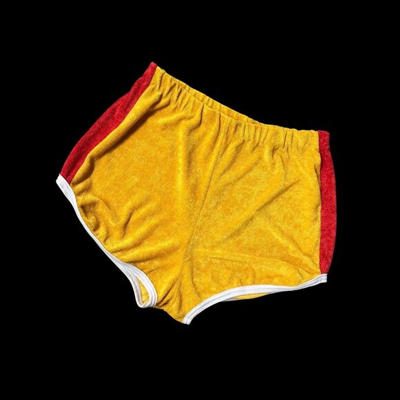 Vintage Terrycloth Shorts 1970s Yellow Red Stripes Elastic Unisex Retro Fashion - Picture 1 of 8